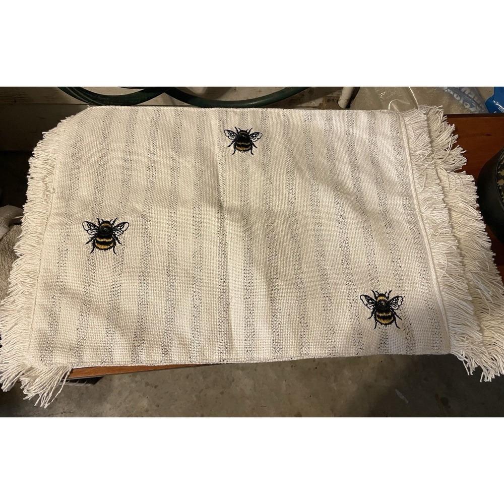 Bee Embellished Placemats Honey Bumble Bee Fringe 18 x 13" White black stripe